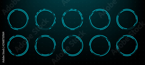 Set of cyan hud circular frames on dark dotted background. Futuristic digital interface element for sci fi technology display. Virtual data visualization and innovation concept for game design
