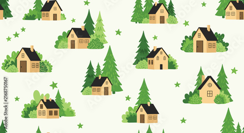 Charming seamless pattern depicts small cozy houses nestled among tall pine trees and golden stars for a peaceful village feel.