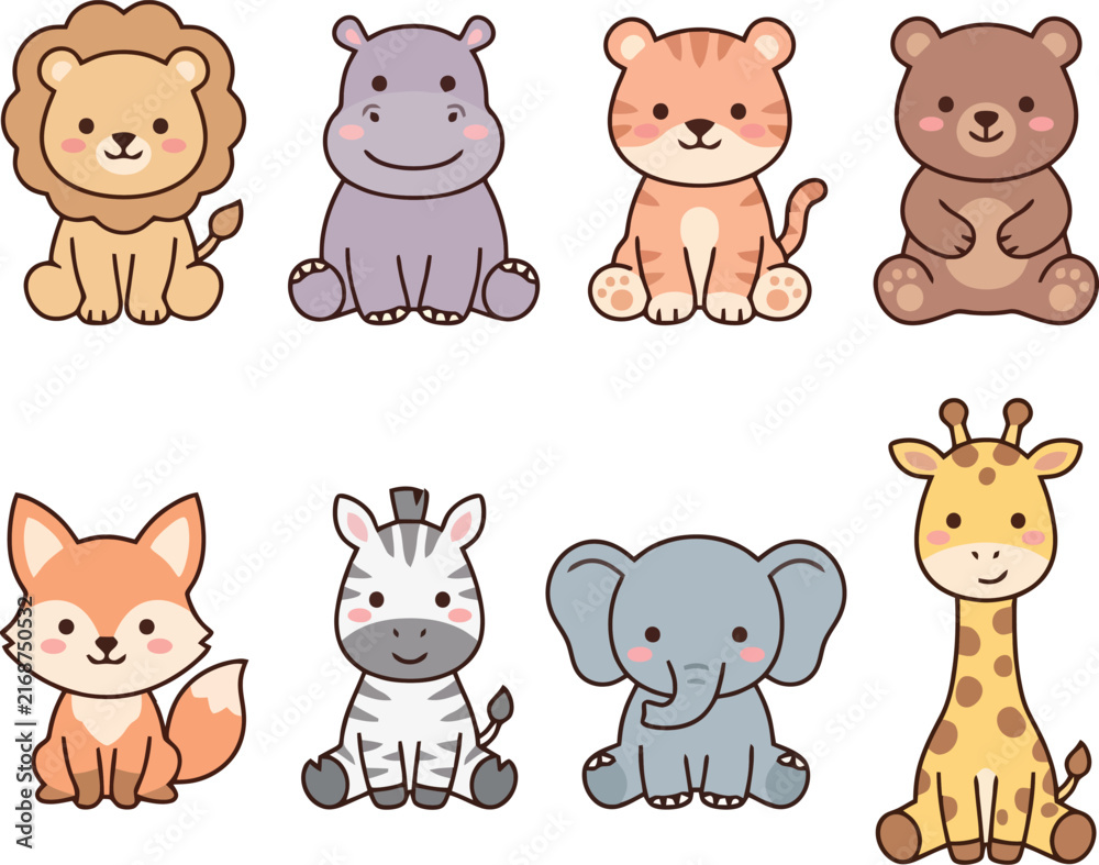 Fototapeta premium Cute Wild Animal Characters Set – Lion, Hippo, Tiger, Bear, Fox, Zebra, Elephant and Giraffe Vector Illustration