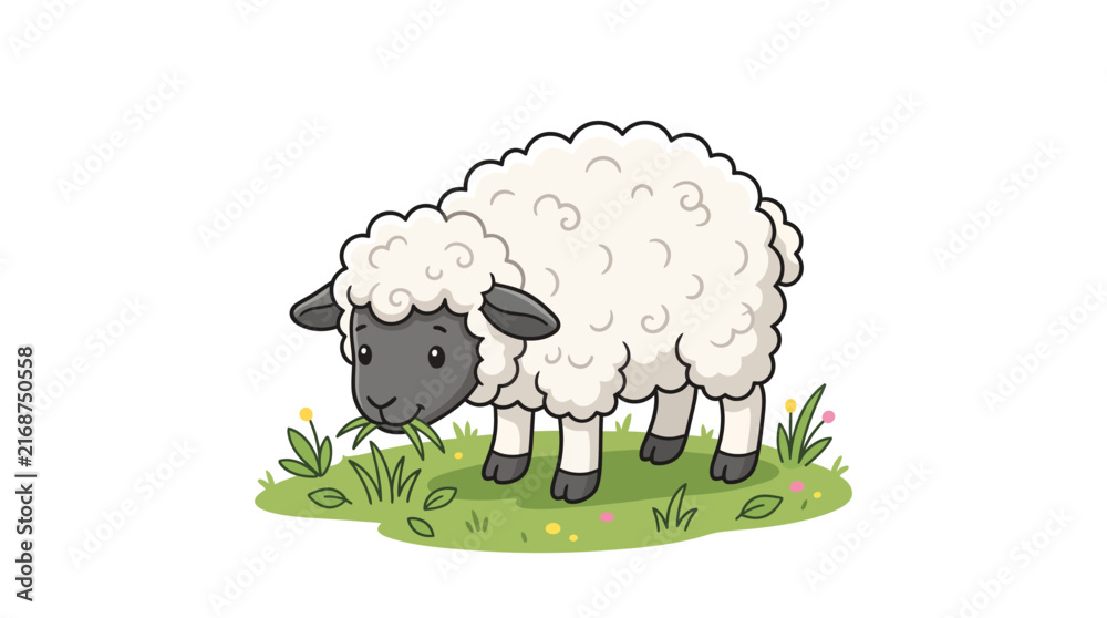 Obraz premium Cute fluffy lamb grazing peacefully on green grass vector illustration