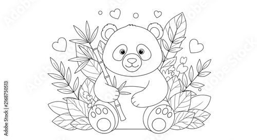 Delightful coloring page depicts a cute panda sitting peacefully in a bamboo forest surrounded by hearts and lush leaves.