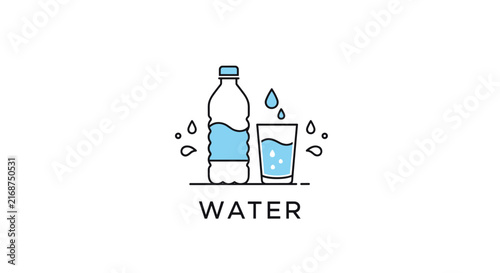 Simple vector graphic for water includes a water bottle and glass with blue liquid and splashing droplets on white.