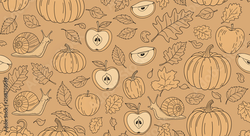 Autumn seamless pattern showcases a warm harvest theme with pumpkins, sliced apples, falling leaves, and garden snails.