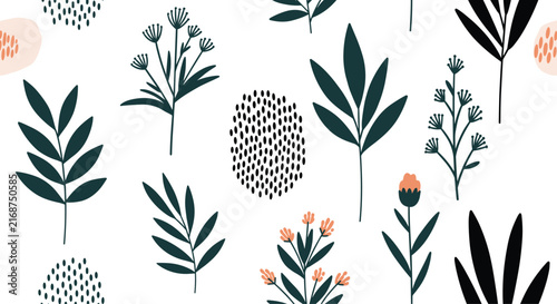 Stylish seamless pattern features abstract leaf silhouettes and delicate wildflowers with textured dot accents on white.