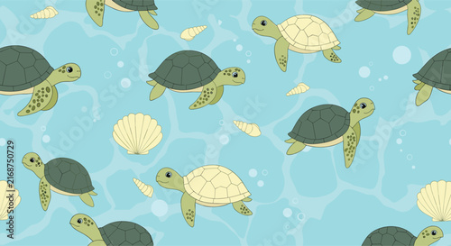 Serene seamless pattern depicts green sea turtles swimming through clear blue water among various seashells and bubbles.