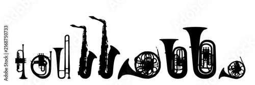 Brass instruments set with golden trumpet, trombone, saxophone featuring tuba, french horn, euphonium with cornet, sousaphone and helicon