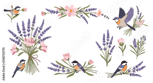 Beautiful collection of lavender floral arrangements and cute birds features various botanical compositions and poses.