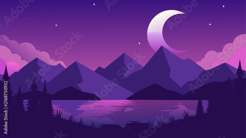 Bild auf Leinwand Purple landscape with moon and mountains