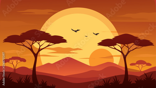 African landscape with trees and sunset