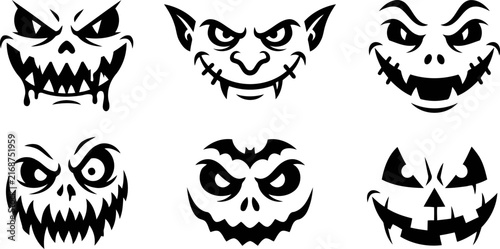 Scary Halloween monster faces set, spooky pumpkin carving stencils, creepy demon and goblin head silhouettes, 6 vector icons