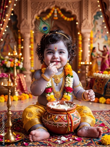 Little Krishna Baby Eating Butter for Janmashtami Celebration