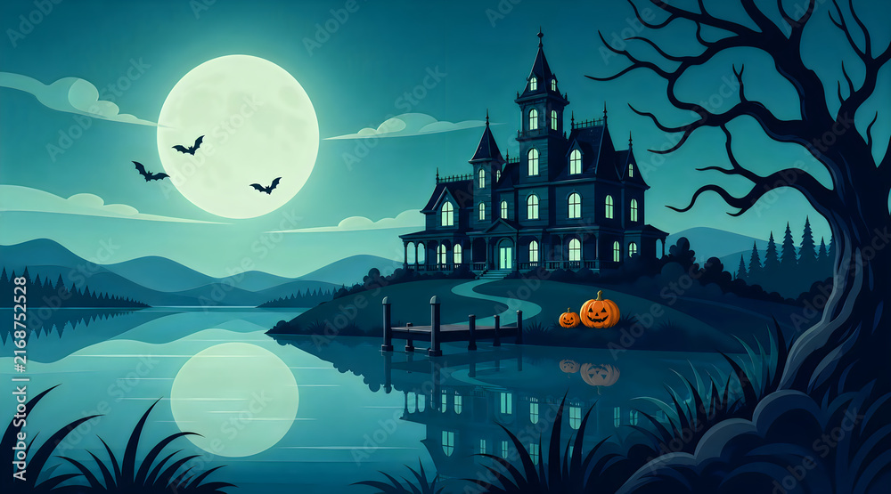 Fototapeta premium Spooky Halloween Haunted Castle by Lake with Full Moon Reflection