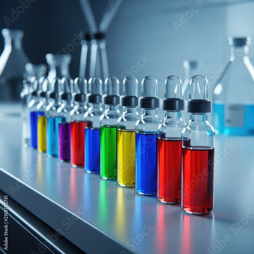 Row of colorful scientific vials filled with liquids on a laboratory bench, representing research and analysis