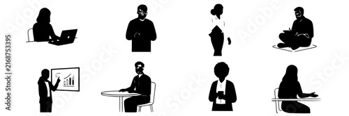 People set with diverse individuals featuring laptop, tablet, phone with presentation, meeting and discussion