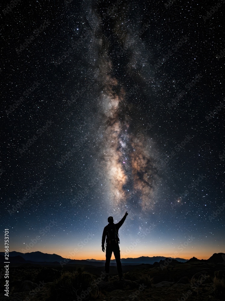Fototapeta premium Silhouette of a Man Pointing at the Milky Way Galaxy in a Starry Night Sky over Mountains