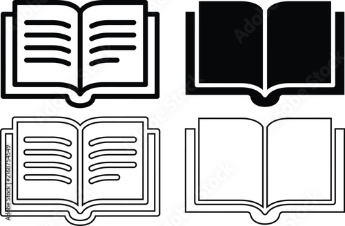 Set of four simple black and white book icons representing reading education and literature in various styles
