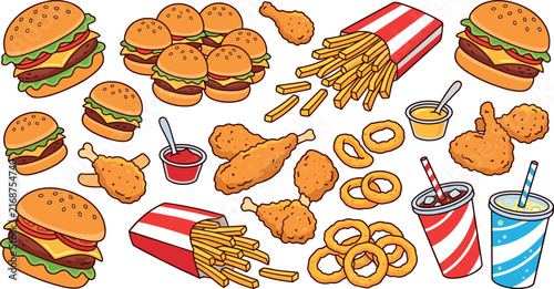 Fast Food Menu Cartoon Vector Set with Cheeseburgers Fried Chicken Drumsticks French Fries Onion Rings Dipping Sauces and Soda Drinks