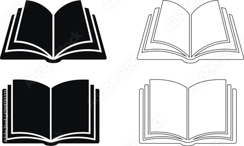 Set of four open book icons featuring solid black and outline styles for education and library design