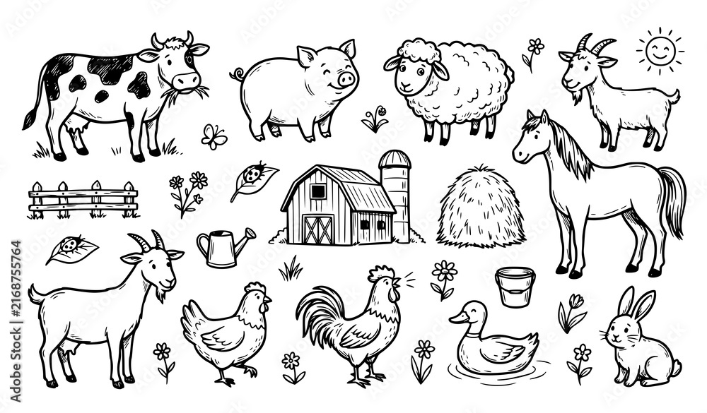 Fototapeta premium Hand drawn farm animals livestock and barn doodle collection line art vector isolated on white background