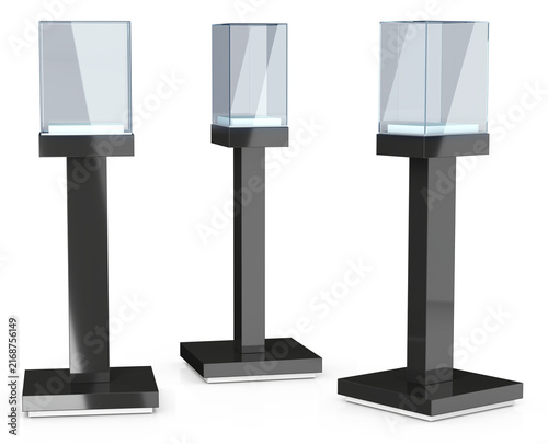Obraz na płótnie Pedestal display cases with glass cube showcase, black rectangular base and column-style design. 3d illustration transparent background