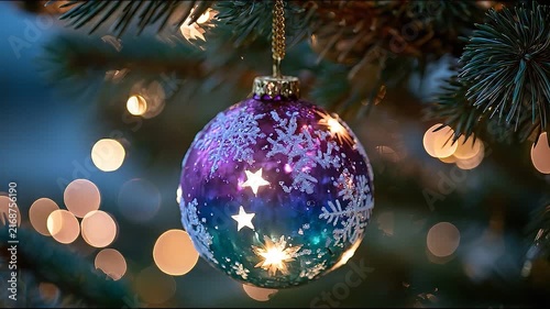Sparkling Christmas Ornament Hanging on Pine Tree