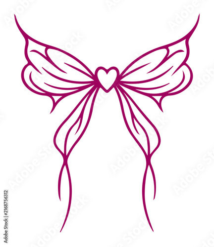 Elegant butterfly bow with heart detail delicate line art illustration for romantic design perfect for greeting cards and invitations