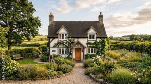 A quaint English cottage with a garden, set against a picturesque countryside backdrop.