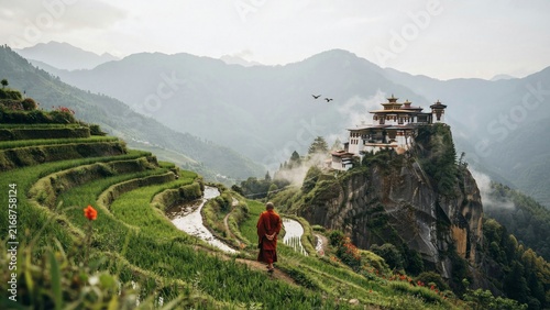 A breathtaking vista of punakha dzong a majestic fortress monastery nestled in the lush mountainous landscape of bhutan offering serenity