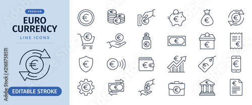 Euro currency line icon set for European money and finance transaction, vector illustration