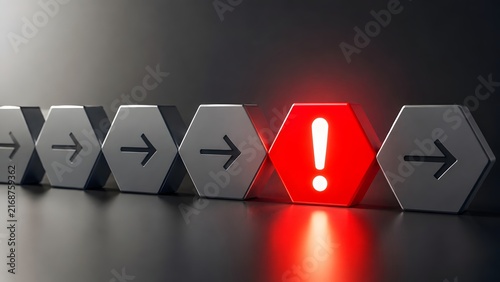 Glowing Red Exclamation Mark Hexagon Disrupting Row Of Metallic Directional Arrows