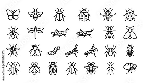 Simple Insect Line Icons Set, Bug and Insect Outline Vector Symbols Collection