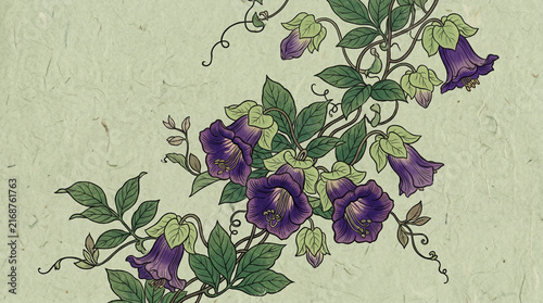 Elegant purple bellflower illustration featuring detailed green foliage on a light textured artistic paper background design