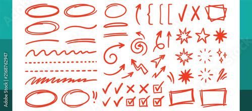 Hand Drawn Annotation Doodle Set with Arrows, Check Marks, Underlines and Circle Highlights