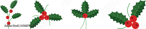 Christmas holly leaves and red berry decoration vector set featuring festive botanical elements, holiday floral accents, winter greenery, and seasonal Christmas design illustrations.