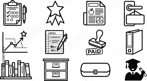 Set of school, education, and administration line icons including checklist clipboard, achievement star, school newsletter, principal's office sign, progress chart, notes with pen, paid stamp