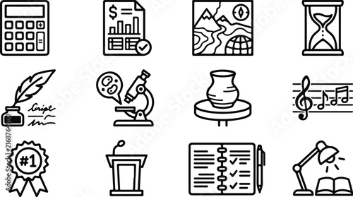 Set of education, school, and academic line icons including calculator, financial report, map, hourglass, feather pen with ink, microscope, pottery, music notes, reward badge, podium