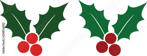 Christmas holly leaves and red berry decoration vector set featuring festive botanical elements, holiday floral accents, winter greenery, and seasonal Christmas design illustrations.