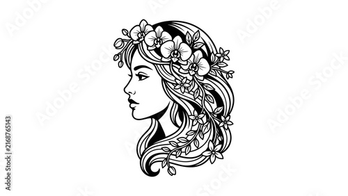 Female profile illustration featuring a crown of spring flowers.
