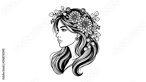 Female portrait with detailed flower crown illustration