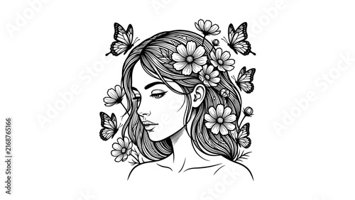 Female face line art with butterflies and petals
