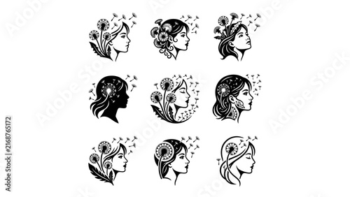 Female profiles with floral line art.