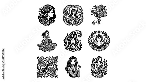 Feminine icon collection featuring portraits and floral patterns.