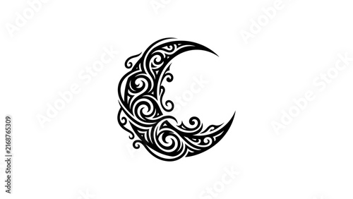 Filigree crescent moon silhouette graphic.