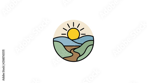 Flat design landscape icon with hills and sun.