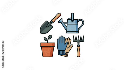 Flat garden tool icons with watering can.