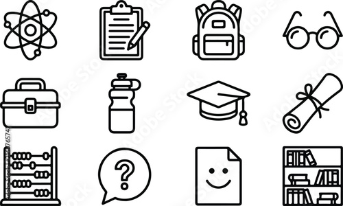 Set of education and school line icons including science, backpack, graduation cap, books, and study supplies.