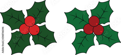 Christmas holly leaves and red berry decoration vector set featuring festive botanical elements, holiday floral accents, winter greenery, and seasonal Christmas design illustrations.