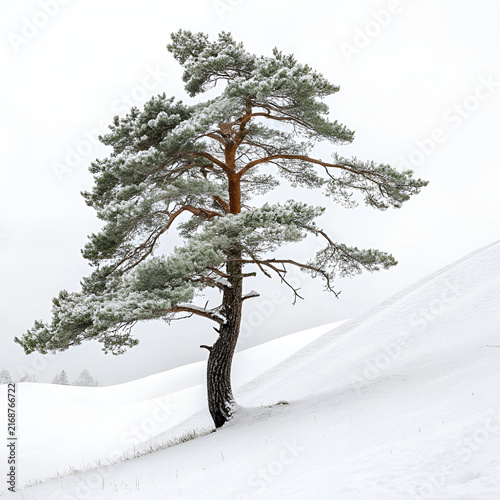 single pine tree on a snowy hill slope