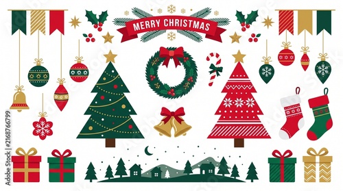 Christmas design elements set with trees, ornaments, and holiday decorations on white