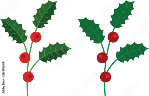 Christmas holly leaves and red berry decoration vector set featuring festive botanical elements, holiday floral accents, winter greenery, and seasonal Christmas design illustrations.